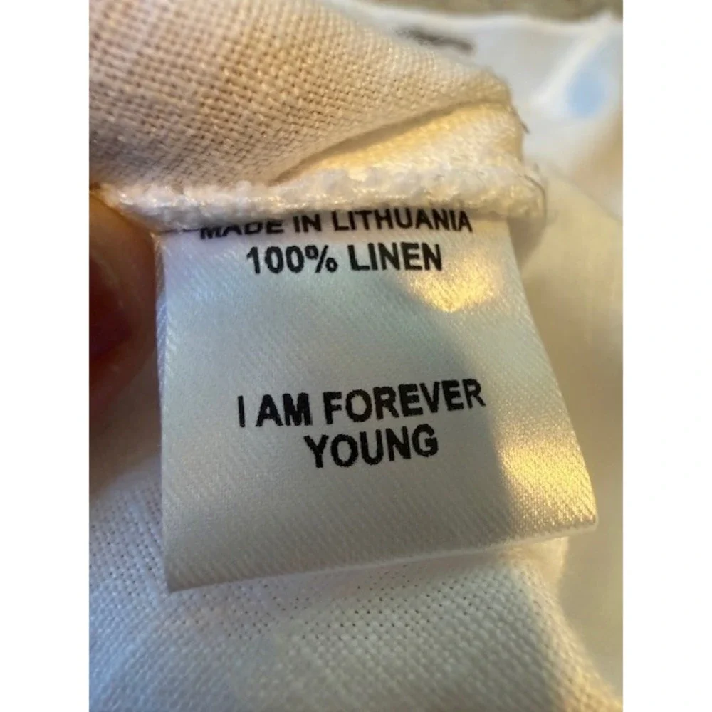 FLAX I Am Forever Young Linen Top S White NWT Short Sleeve Side Slits Lithuania